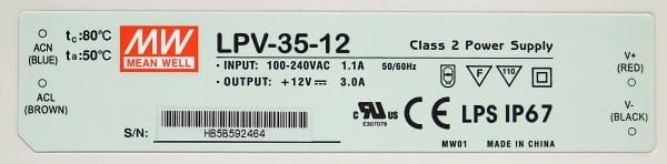 Zasilacz LPV-35-12 IP67 Mean Well, tabliczka znamionowa