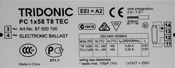 PC 1x58 T8 TEC TRIDONIC statecznik elektroniczny_tabliczka znamionowa