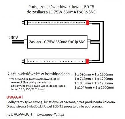 Schemat podłączenia zasilacza LED LC 75W 350mA do świetlówek Juwel LED T5 | sklep AQUA-LIGHT.pl