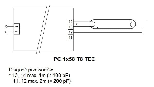 PC 1x58 T8 TEC TRIDONIC schemat połączeń
